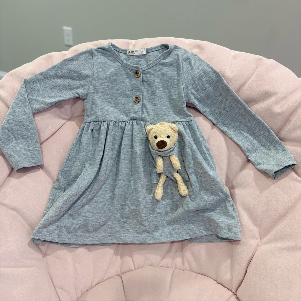 Blue Kids Dress with Teddy Bear Accent